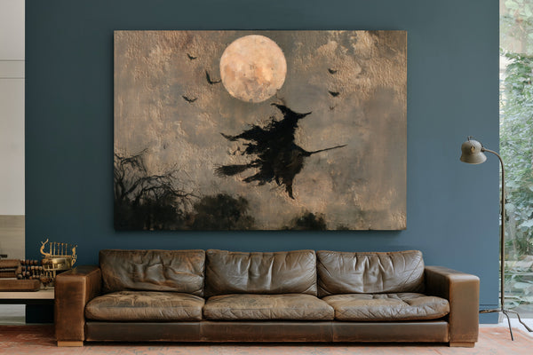 Witch On Broomstick Flying Full Moon Night by Bella Frye