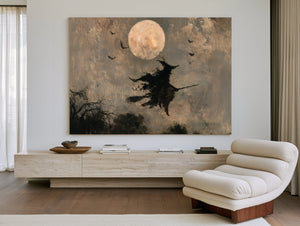 Witch On Broomstick Flying Full Moon Night by Bella Frye