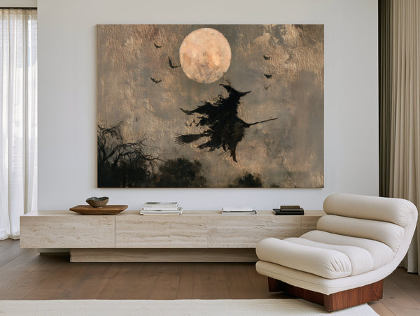 Witch On Broomstick Flying Full Moon Night by Bella Frye
