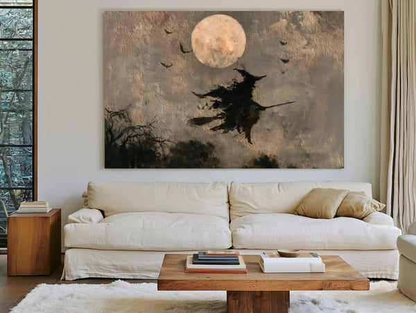 Witch On Broomstick Flying Full Moon Night by Bella Frye