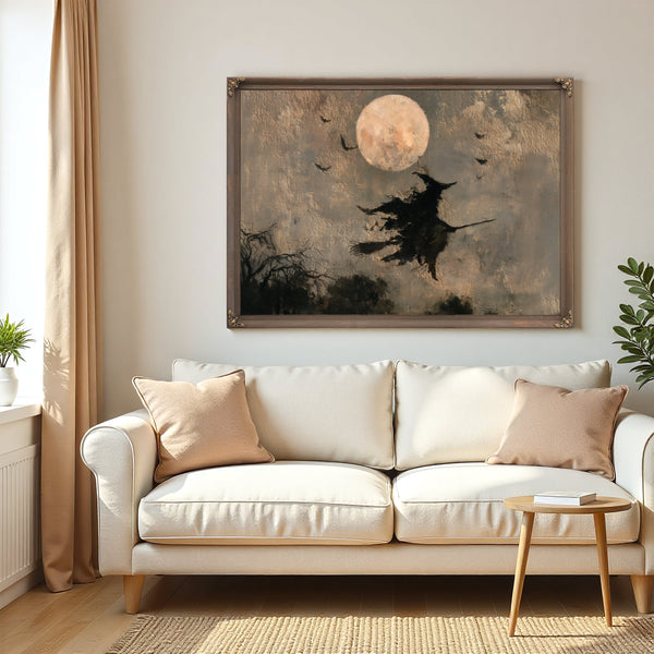 Witch On Broomstick Flying Full Moon Night by Bella Frye
