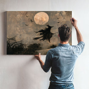 Witch On Broomstick Flying Full Moon Night by Bella Frye