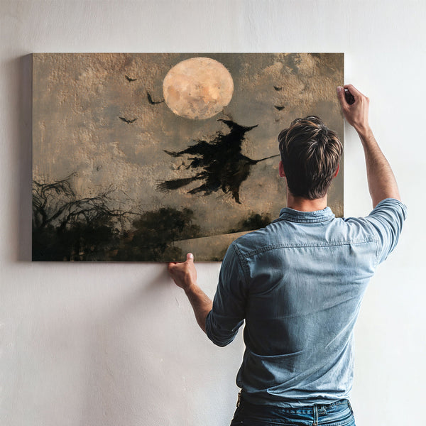 Witch On Broomstick Flying Full Moon Night by Bella Frye