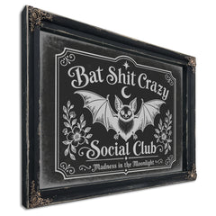 Bat Shit Crazy Social Club Sign Halloween wall art, Ebony frame