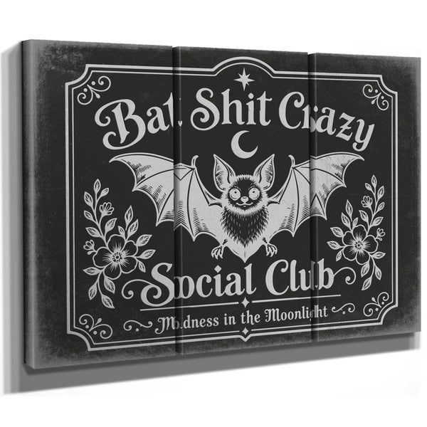 Bat Shit Crazy Social Club Sign Halloween wall art in a styled room