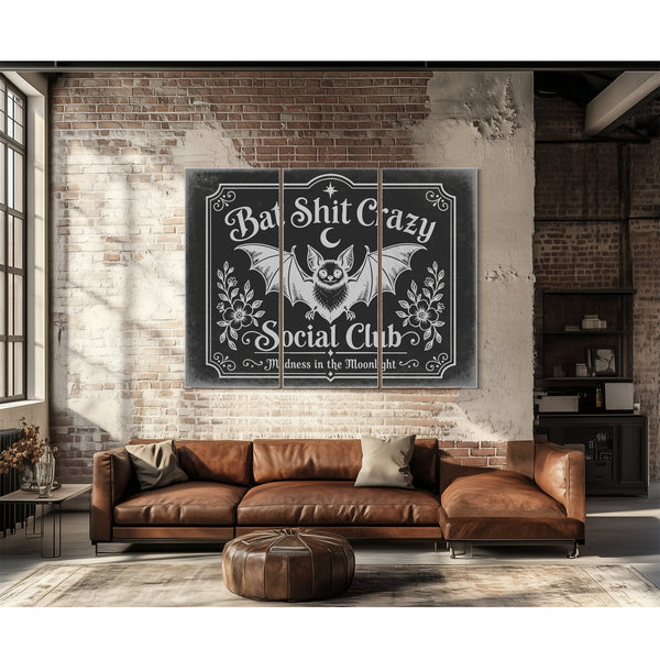 Bat Shit Crazy Social Club Sign Halloween wall art in a styled room