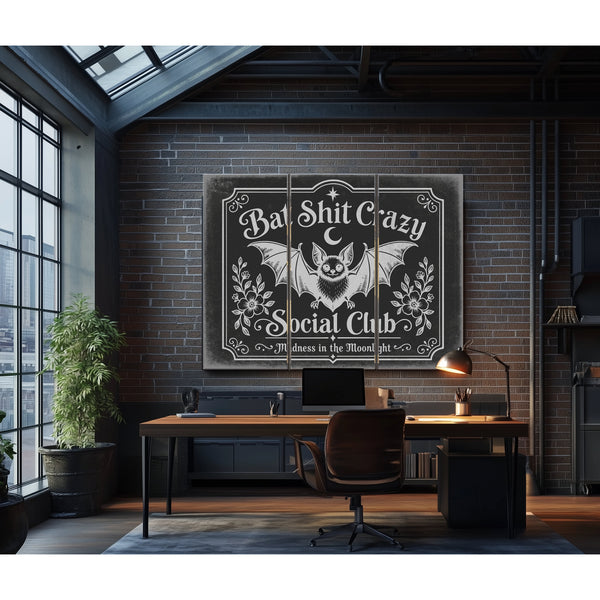Bat Shit Crazy Social Club Sign Halloween wall art in a styled room