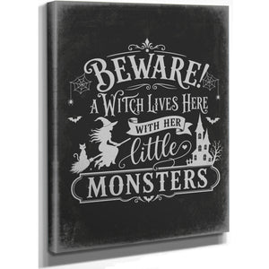 Beware A Witch Lives Here Sign Halloween wall art, stretched canvas