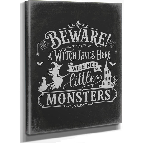 Beware A Witch Lives Here Sign Halloween wall art, stretched canvas