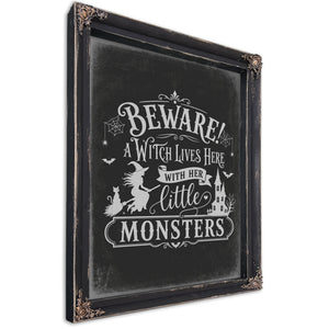 Beware A Witch Lives Here Sign Halloween wall art, Ebony frame