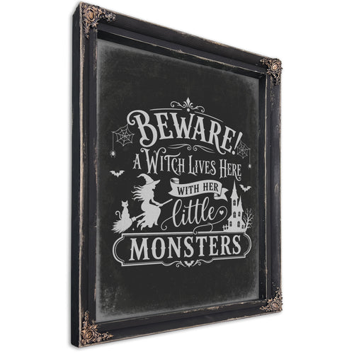 Beware A Witch Lives Here Sign Halloween wall art, Ebony frame