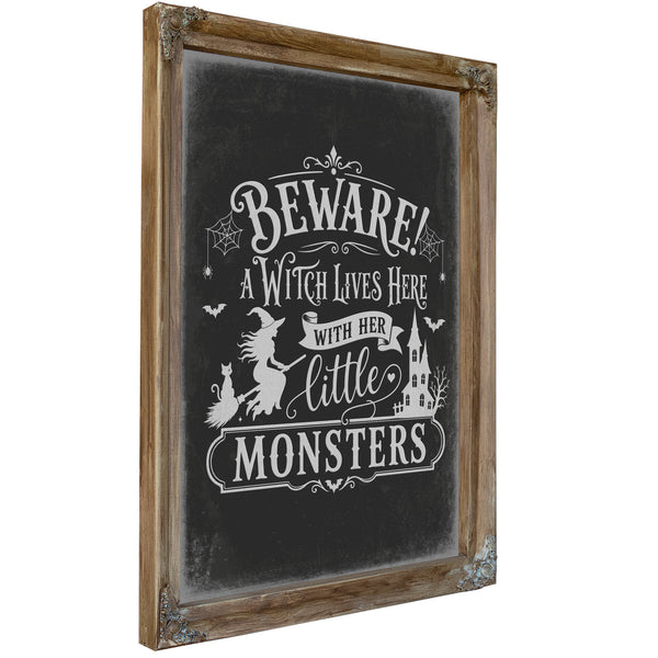 Beware A Witch Lives Here Sign Halloween wall art, Verdigris frame