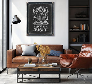 Beware Sign Halloween wall art in a styled room