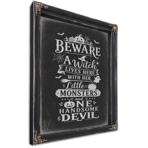 Beware Sign Halloween wall art, Ebony frame