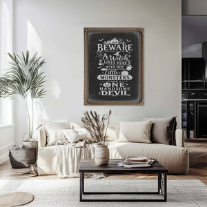 Beware Sign Halloween wall art in a styled room