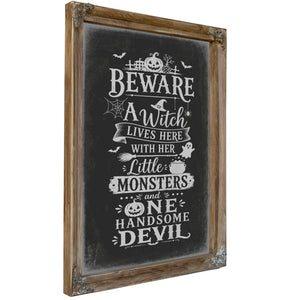 Beware Sign Halloween wall art, Verdigris frame