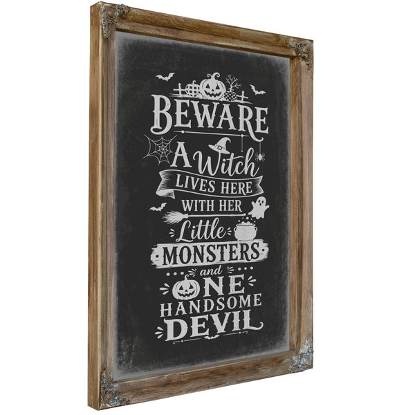 Beware Sign Halloween wall art, Verdigris frame