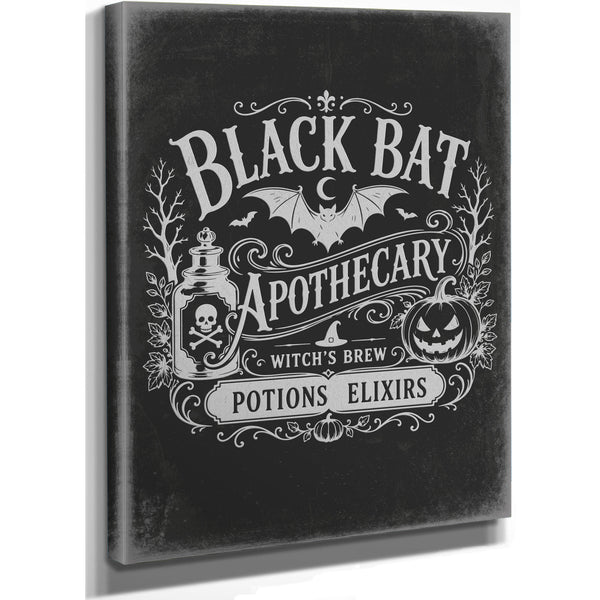 Black Bat Apothecary Sign Halloween wall art, stretched canvas