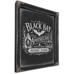 Black Bat Apothecary Sign Halloween wall art, Ebony frame