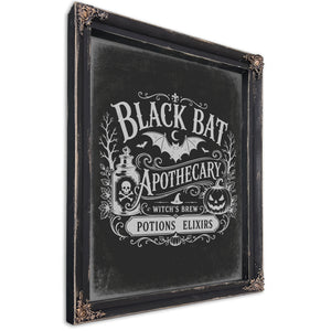 Black Bat Apothecary Sign Halloween wall art, Ebony frame