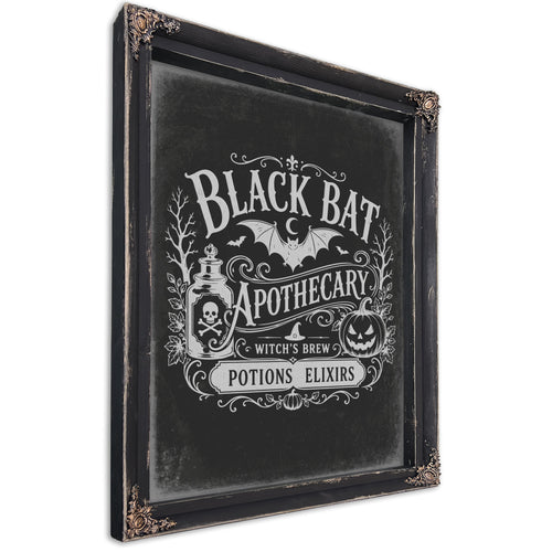 Black Bat Apothecary Sign Halloween wall art, Ebony frame