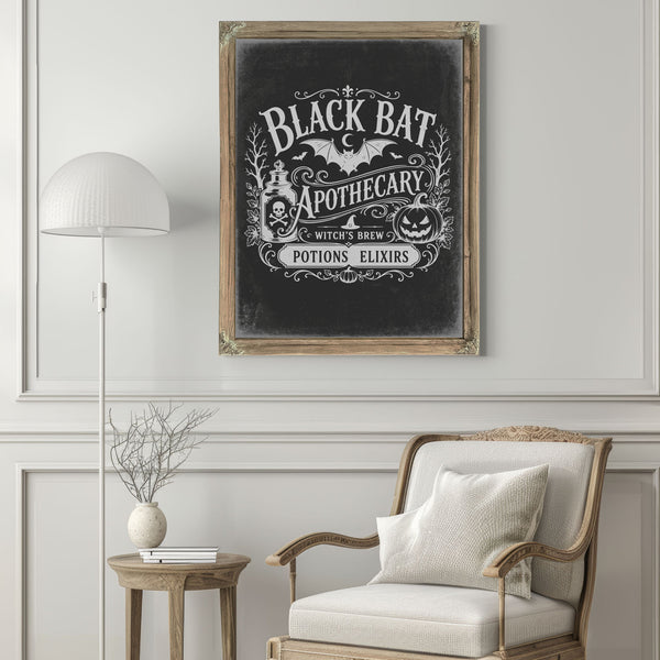 Black Bat Apothecary Sign Halloween wall art in a styled room