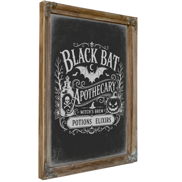 Black Bat Apothecary Sign Halloween wall art, Verdigris frame