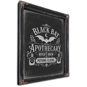 Black Bat Apothecary Tonic Sign Halloween wall art, Ebony frame