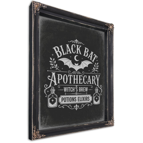 Black Bat Apothecary Tonic Sign Halloween wall art, Ebony frame