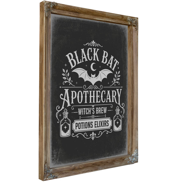 Black Bat Apothecary Tonic Sign Halloween wall art, Verdigris frame