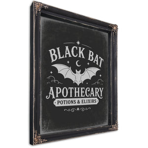 Black Bat Apothecary Elixirs Sign Halloween wall art, Ebony frame