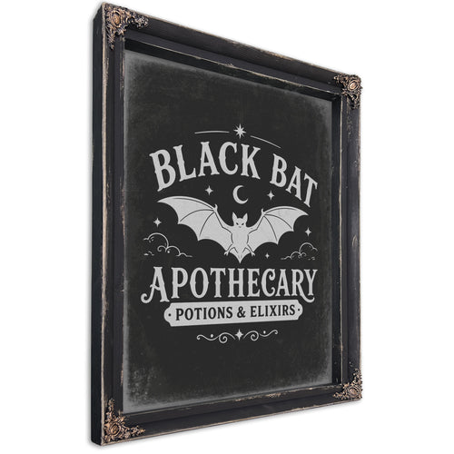 Black Bat Apothecary Elixirs Sign Halloween wall art, Ebony frame