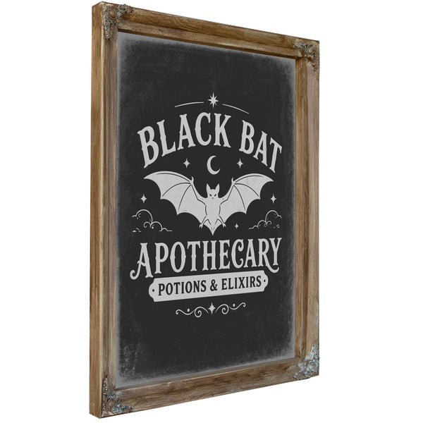 Black Bat Apothecary Elixirs Sign Halloween wall art, Verdigris frame