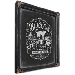 Black Cat Apothecary Shoppe Sign Halloween wall art, Ebony frame