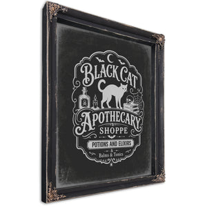 Black Cat Apothecary Shoppe Sign Halloween wall art, Ebony frame