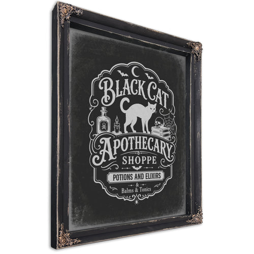 Black Cat Apothecary Shoppe Sign Halloween wall art, Ebony frame