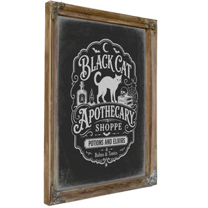 Black Cat Apothecary Shoppe Sign Halloween wall art, Verdigris frame