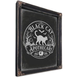 Black Cat Apothecary Sign Halloween wall art, Ebony frame