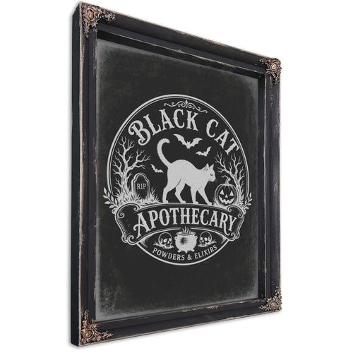 Black Cat Apothecary Sign Halloween wall art, Ebony frame