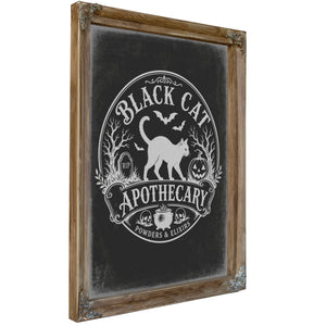 Black Cat Apothecary Sign Halloween wall art, Verdigris frame