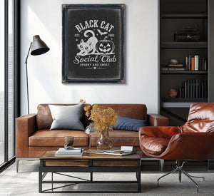 Black Cat Social Club Sign Halloween wall art in a styled room