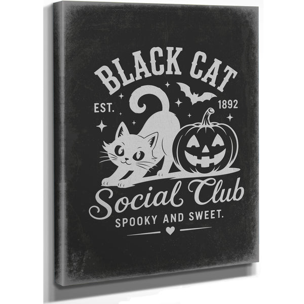 Black Cat Social Club Sign Halloween wall art, stretched canvas