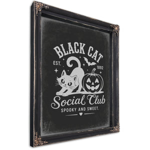 Black Cat Social Club Sign Halloween wall art, Ebony frame