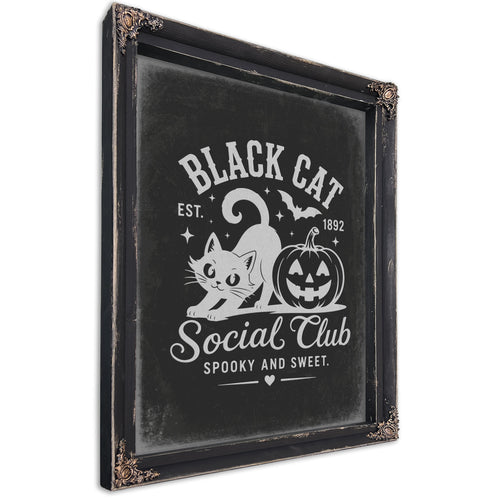 Black Cat Social Club Sign Halloween wall art, Ebony frame