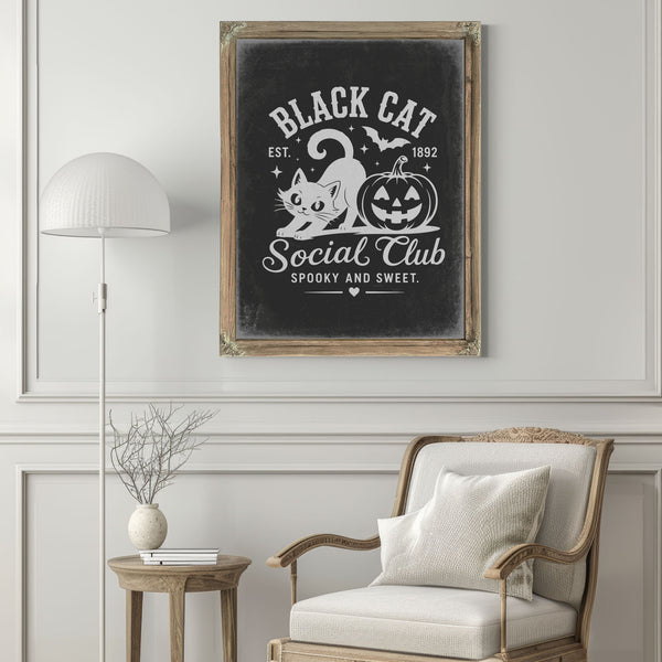 Black Cat Social Club Sign Halloween wall art in a styled room