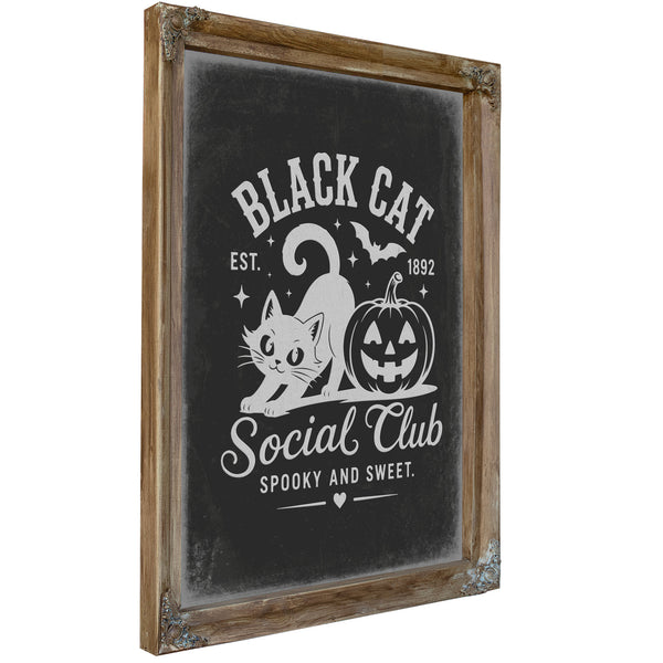 Black Cat Social Club Sign Halloween wall art, Verdigris frame