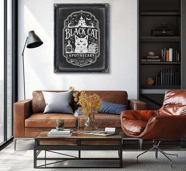 Black Cat Sign Halloween wall art in a styled room