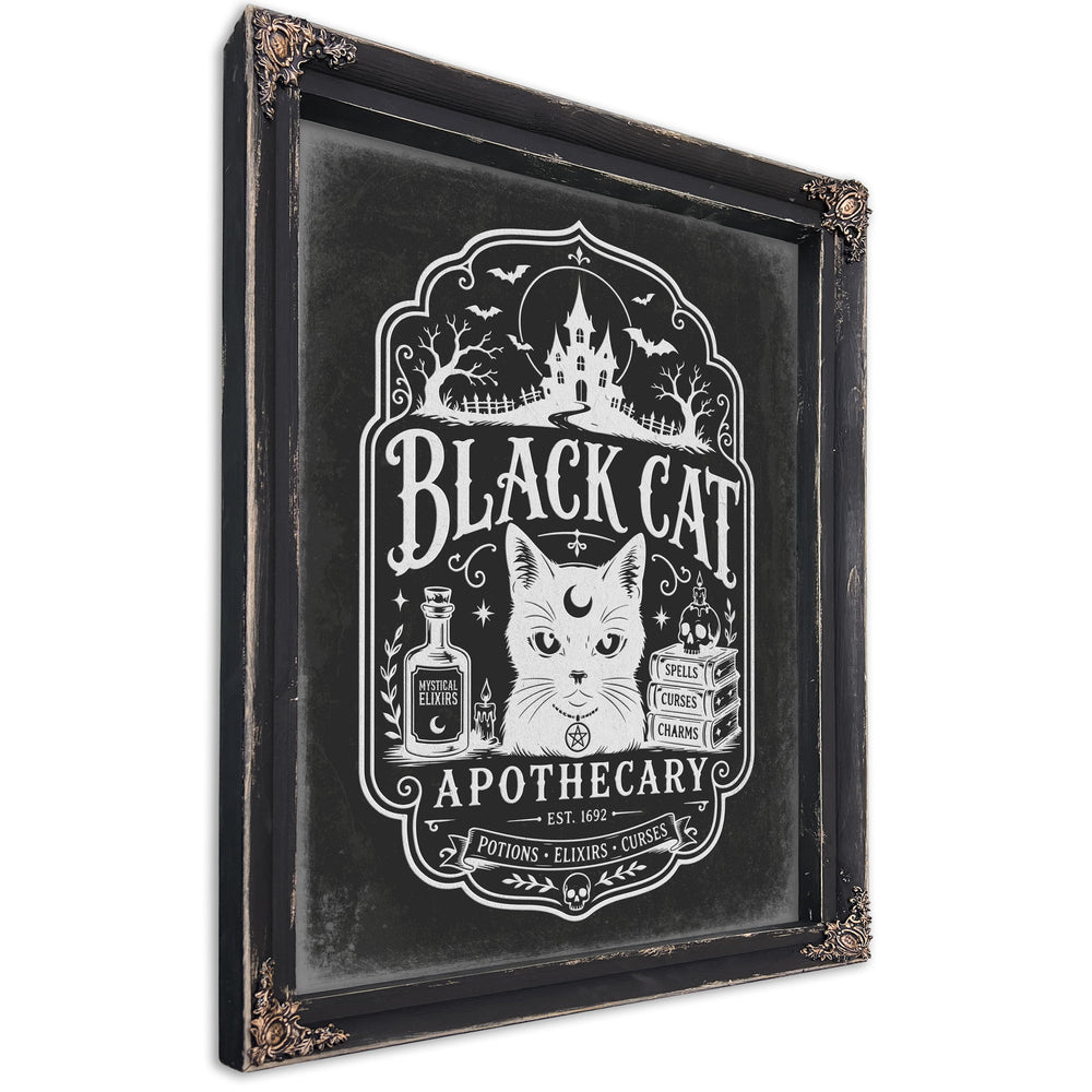 Black Cat Sign Halloween wall art, Ebony frame