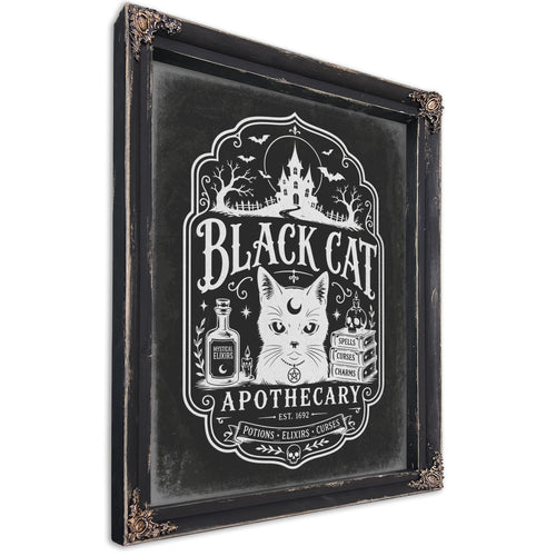 Black Cat Sign Halloween wall art, Ebony frame