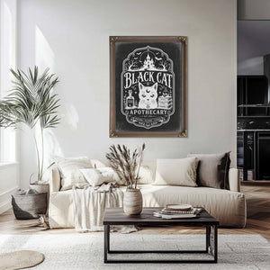 Black Cat Sign Halloween wall art in a styled room